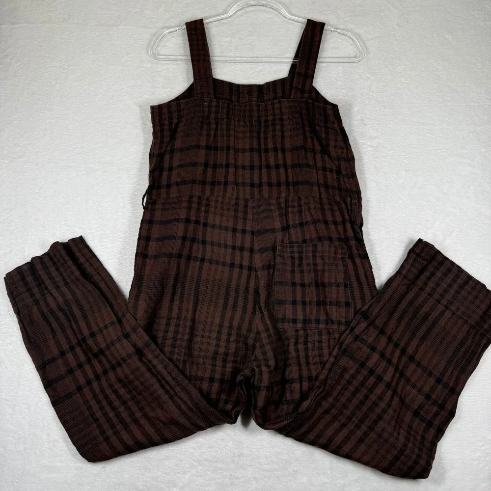 Everlane Brown Plaid Linen Button Front Sleeveless Jumpsuit Size 2 Dark Academia